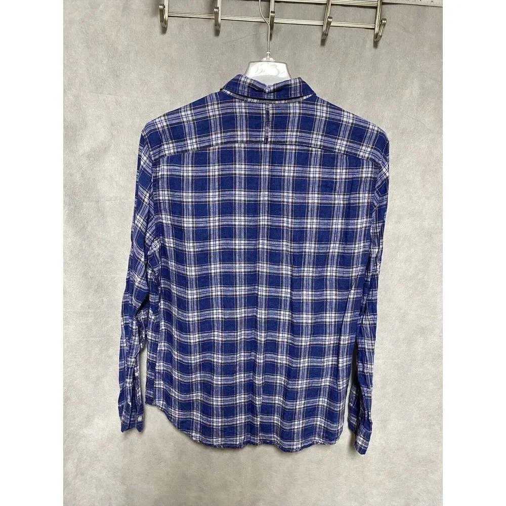 Banana Republic Shirt Men L Blue‎ Plaid Linen Button Up Camden Standard Casual